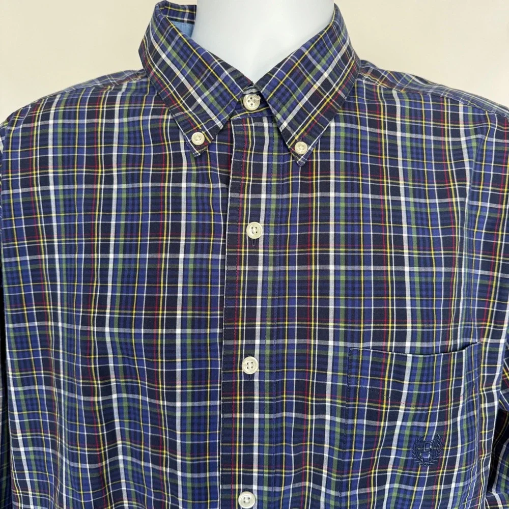 Chaps Mens XL Easy Care Plaid Button Down Shirt Navy Blue Green Long Sleeve - Picture 2 of 9